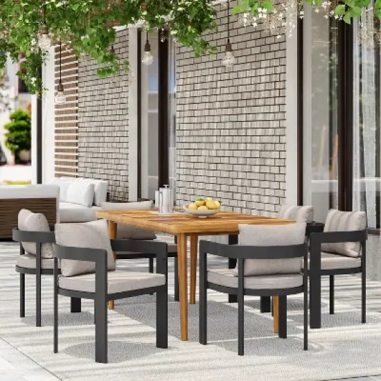 Christopher Knight Home Ofer 7 Pieces Aluminum and Acacia Wood Dining Set image {1}