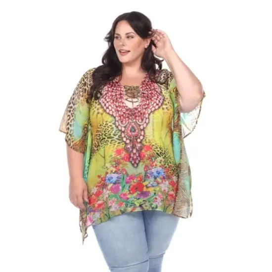 Plus Size Animal Print Caftan with Tie-up Neckline - One Size Fits Most Plus - White Mark image {5}