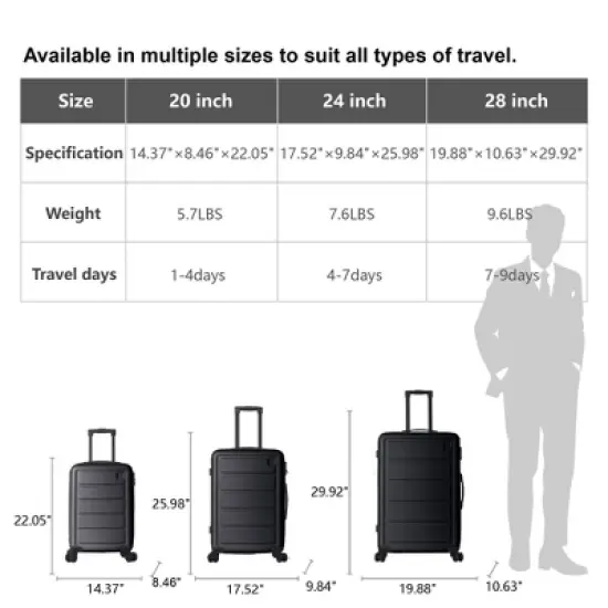 NAYSAYE Luggage ABS Hardshell 3 Piece Spinner Set with Secure Lock and Nested Design for Travel, Black, 19.88"*10.63"*29.92" image {2}