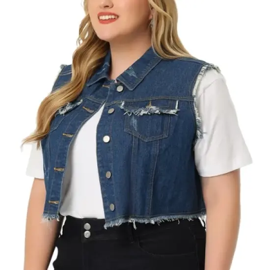 Agnes Orinda Women's Plus Size Jean Raw Hem Button Down Sleeveless Crop Denim Vest image {6}