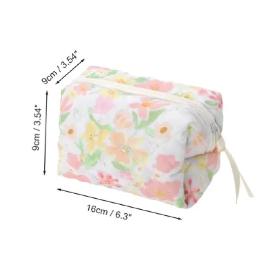 Unique Bargains Quilted Square Flower Makeup Bag Pink Green 1 Pc image {1}