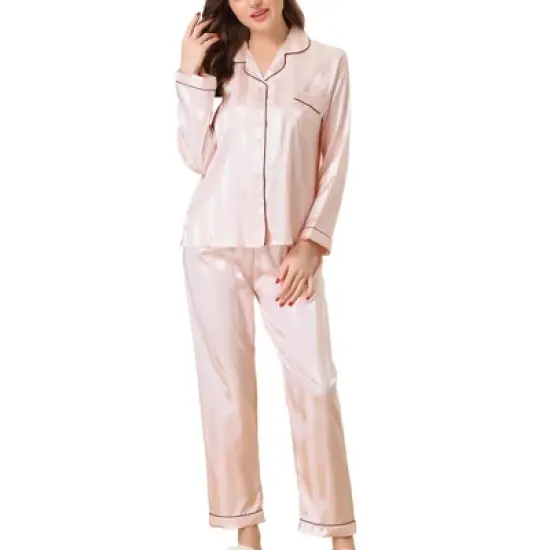 cheibear Womens Satin Sleepwear Soft Button Down Nightwear with Pants Lounge Pajama Set image {6}