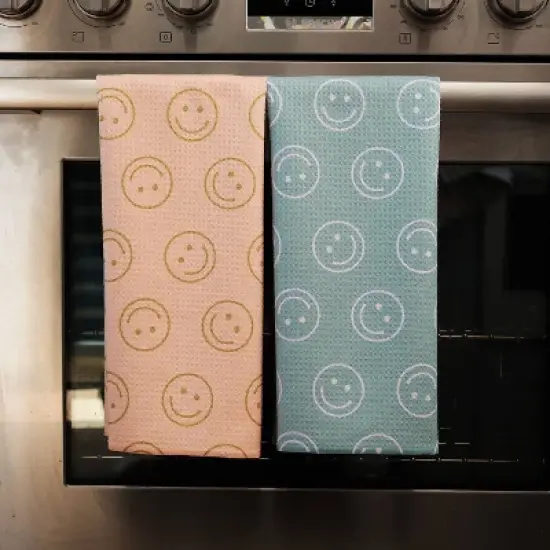 Geometry Tea Towel Set Mood: Modern Smiley Face Design, Quick Dry Microfiber, 2-Piece Kitchen Textile, Orange & Green image {1}