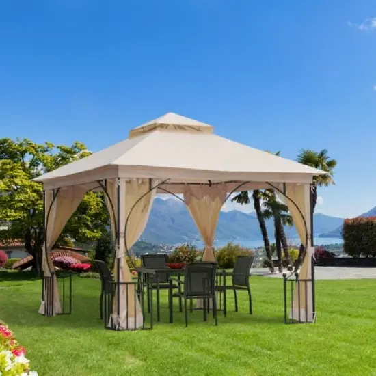Outsunny 10' x 10' Patio Gazebo Canopy Outdoor Pavilion with Mesh Netting SideWalls, 2-Tier Polyester Roof, & Steel Frame image {2}