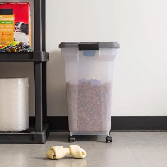 IRIS USA Dog Food Storage Container 40 lbs, Attachable Wheels, & Included Scoop, for Dog Cat Birds and other Pets, Dark Gray image {4}