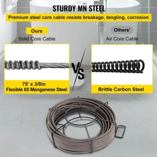 VEVOR Drain Cleaning Cable 75 Feet x 3/8 Inch Solid Core Cable Sewer Cable Drain Auger Cable Cleaner Snake Clog Pipe Drain Cleaning Cable, Gray image {4}