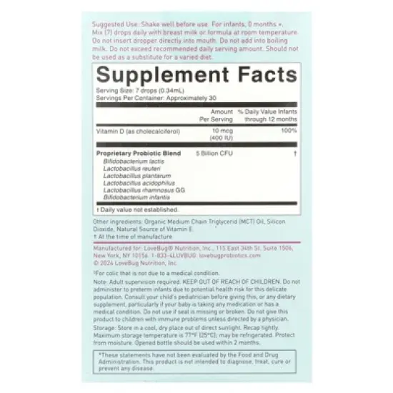 LoveBug Probiotics Baby Probiotic Drops with Vitamin D, 0.34 fl oz (10 ml) image {1}
