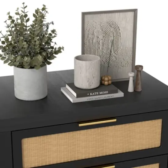 Angel Sar Rattan Night Stand with Drawers, 24'' Wide Boho Bedside Table with Large Storage and Sturdy Legs, Black image {3}