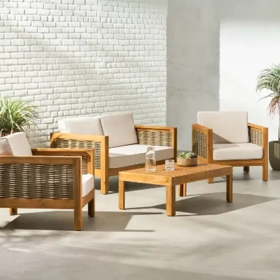Christopher Knight Home Allegra Outdoor Acacia Wood and Wicker 4 Seater Chat Set with Cushions image {8}