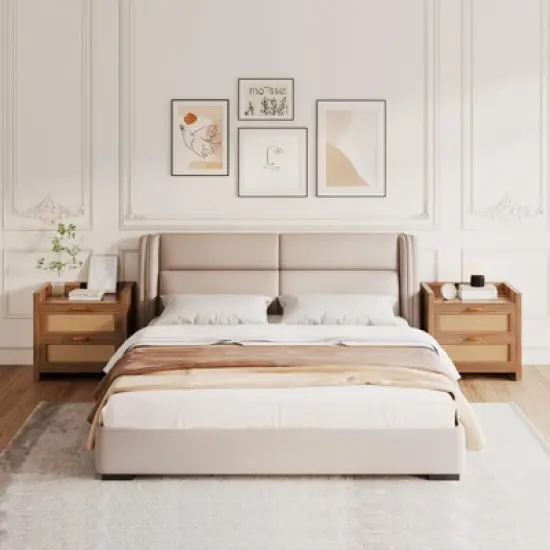 Night Stand Set of 2 Rattan Nightstands with Charging Station 23.6" Wide Boho Bedside Tables with 2 Drawers Modern Larger Nightstands, Brown image {6}