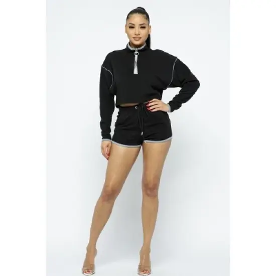 Slickblue Women's Activewear Set, Sporty Crop Top with Zipper & High-Waist Shorts, Casual Style, Black, Size S-L image {1}