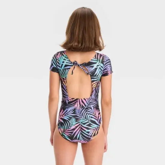 Girls' Electric Palm One Piece Swimsuit - art class&trade; Black image {2}