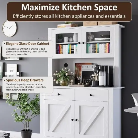 63" Tall Kitchen Pantry Cabinet with Drawers, Hutch, Glass Doors, Adjustable Shelves, Freestanding Microwave Stand & Storage Cabinet, White image {3}