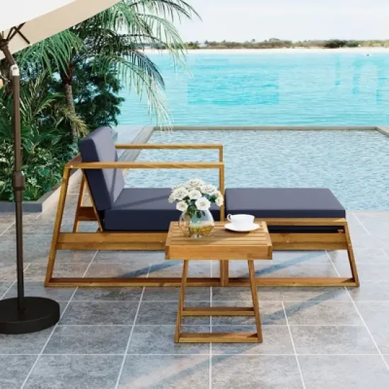 FIONECA U_STYLE Acacia Wood Outdoor Lounge Set, Chair & Ottoman with Blue Removable Cushions, All-Weather Patio/Deck/Daybed image {2}