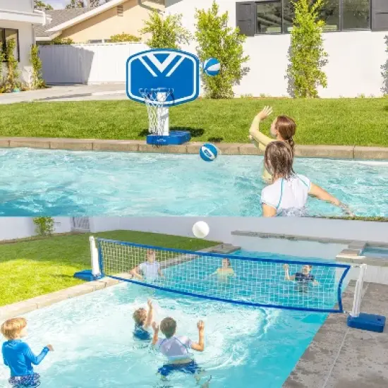 GoSports Splash Hoop 2-in-1 Pool Basketball Hoop & Volleyball Net Game Set - Blue image {3}