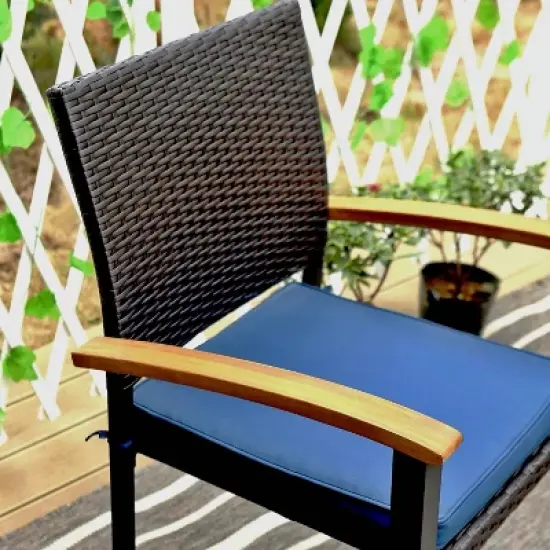 7pc Outdoor Dining Set with Rattan Stackable Chairs & Rectangle Acacia Wood Table - Captiva Designs image {2}