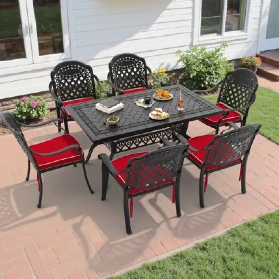 7-Piece Cast Aluminum Outdoor Dining Set: Rectangle Table, Stackable Chairs & Red Cushions - All-Weather Patio Furniture for Your Backyard image {10}