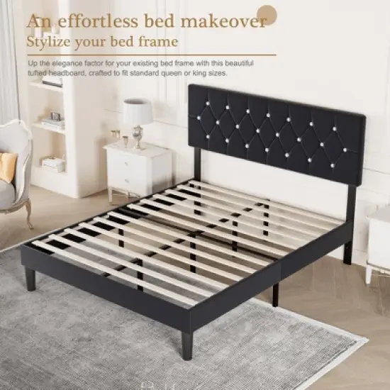 VECELO Tufted Upholstered Queen/King Size Headboard, 6 Adjustable Height, Easy Assembly, Beige/Black image {9}