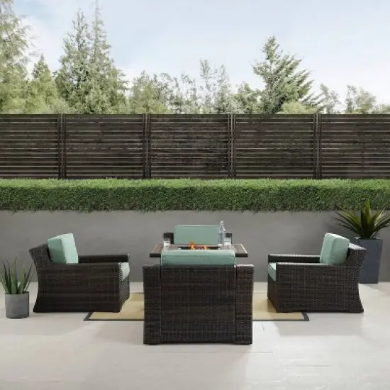 Beaufort 5 Pc Outdoor Wicker Chair Set 4 Chairs with Fire Table Mist/Brown - Crosley image {4}