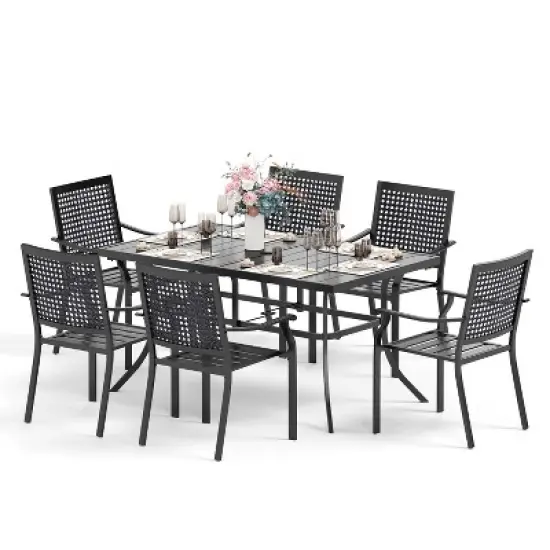Captiva Designs 7pc Patio Dining Set with Slat-top Rectangle Steel Table & Metal Stackable Chairs image {15}