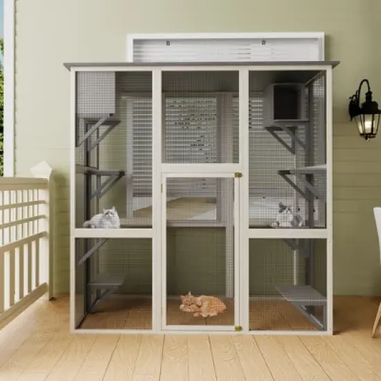 APRILSOUL70.90"Wooden Outdoor Catio Cat Enclosure with Weatherproof Asphalt Roof, Large Walk-in Cat House,Gray image {2}