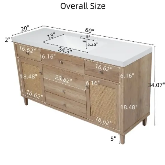 Christopher Knight Home Emilie 60" Modern Bathroom Vanity with SMC Sink, 5 Drawers and 2 Rattan Doors image {2}