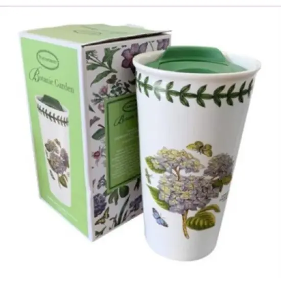 Portmeirion Botanic Garden 12 Ounce Porcelain Travel Mug, Hydrangea Motif, Dishwasher, Microwave Safe Cup, Hot Beverages On-the-Go image {5}