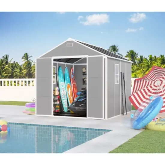 8*8ft resin storage shed, high quality pp material, strong structure, waterproof, rust and UV proof, large storage space, HD window lighting image {8}
