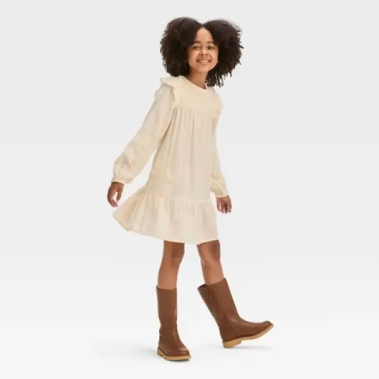 Girls' Long Sleeve Woven Dress - Cat & Jack&trade; Cream/Gold image {3}