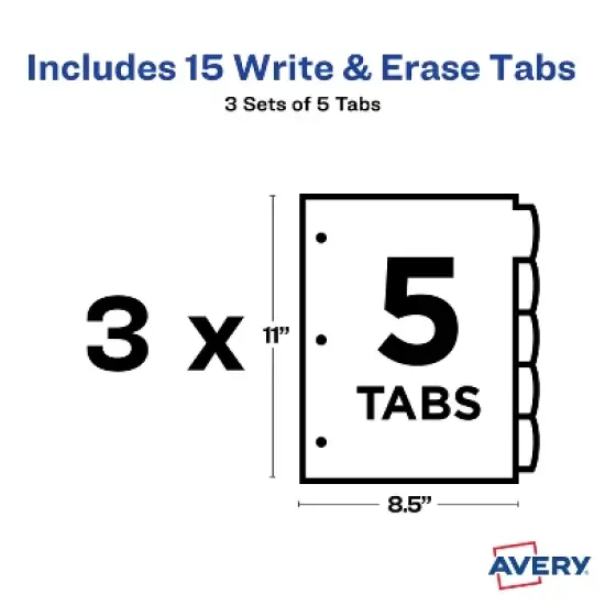 Avery Big Tab Write & Erase Durable Plastic Dividers, 5-Tab Set, Multicolor Brights, 3 Sets (21212) image {3}