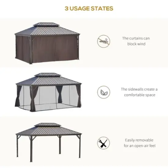 Outsunny Patio Gazebo, Netting & Curtains, 2 Tier Double Vented Steel Roof, Hardtop, Ceiling Hooks, Rust Proof Aluminum image {6}