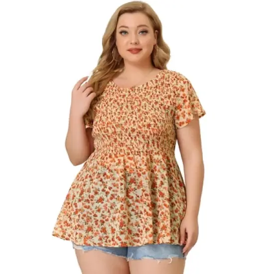 Agnes Orinda Women's Plus Size Chiffon Smock Waist Ditsy Floral Peplum Blouse image {3}