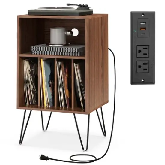 Costway 3-Tier Record Player Stand with Charging Station Shelf & 4 Dividers for Bedroom Walnut/Black/Brown image {12}