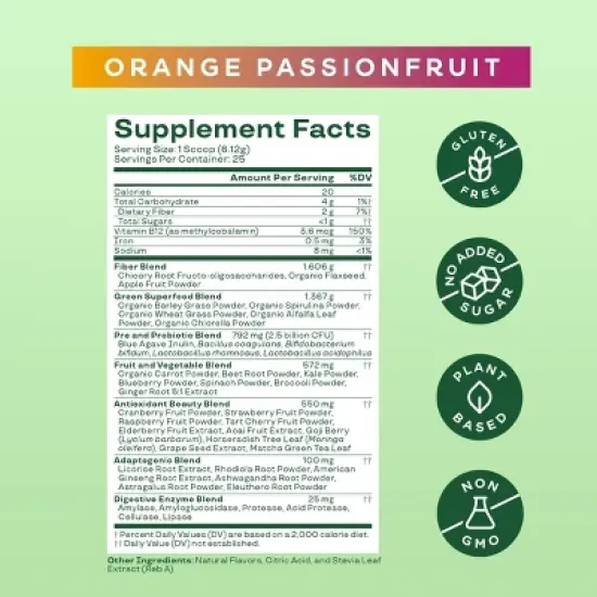 BLOOM NUTRITION Greens and Superfoods Powder - Orange Passion Fruit - 5.39oz/25 Servings image {2}
