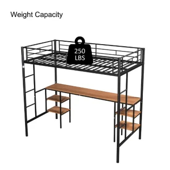 Metal Twin Size Low Loft Bed With Storage Shelf And Table, Black - ModernLuxe image {4}
