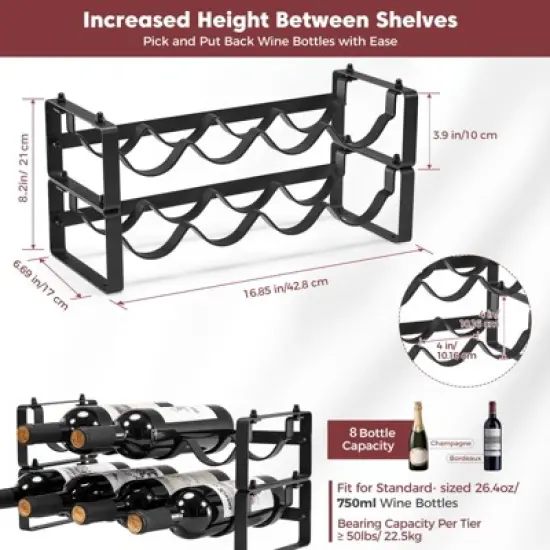 Itopfox Stackable Wine Rack Countertop, Sturdy Freestanding Wine Bottle Holder 2 Tier Tabletop Wine Stand for Pantry Bar Metal Wine Storage Organizer image {5}