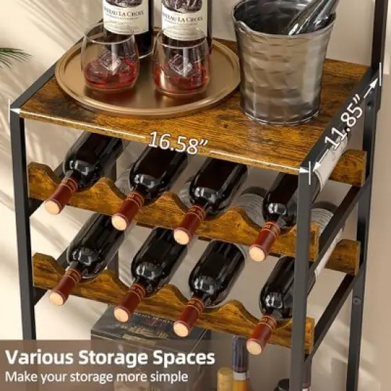 Itopfox 5-Tier Freestanding Wine Rack with Glasses Holder and 4 S Hooks, Corner Mini Bar Cabinet for Small Spaces, Holds 8 Bottles image {4}
