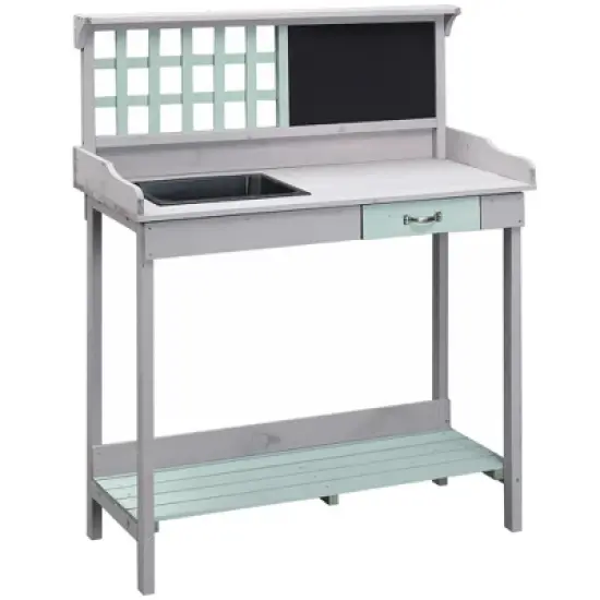 Outsunny Outdoor Wooden Potting Bench Table with Removable Sink, Garden Work Station with Chalkboard, Drawer, Open Shelf Storage, Light Gray image {8}