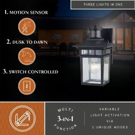 VAXCEL Ridge 6.5-in. W 1 Light Aluminum Black Motion Sensor Dusk to Dawn Outdoor Wall Lantern Clear Glass image {1}