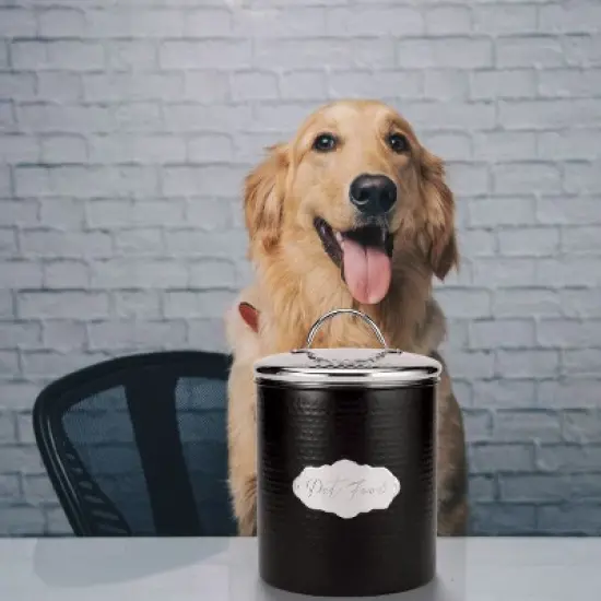 Amici Pet Cavalier Pet Food Canister, Black & Silver Hammered Metal Storage Jar with Handle Lid - Large 104 Oz. Airtight Container, 10" H x 6.5" W image {1}