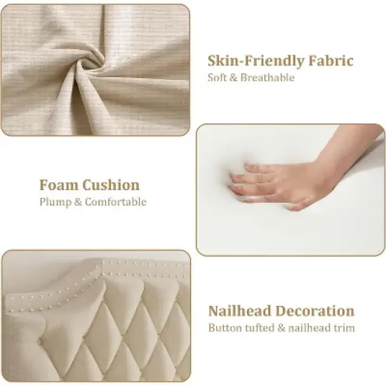 Upholstered Canopy Bed Frame with Headboard, Button Tufted, Nailhead Trim Design, No Box Spring Required image {4}