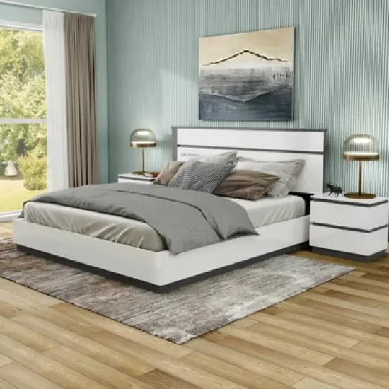 3pc Queen Pape Modern Bed with 2 Nightstands White/Metallic Gray - miBasics: Contemporary Furniture Set image {27}