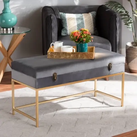 Aliana Velvet Fabric and Metal Large Ottoman Gold - Baxton Studio image {6}