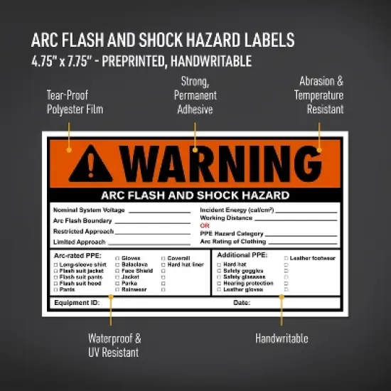 Avery Arc Flash/Shock Warning Labels, Waterproof, UV Resistant, Preprinted, Handwrite-Only, 4.75" x 7.75", 100 Warning Decal Labels image {1}