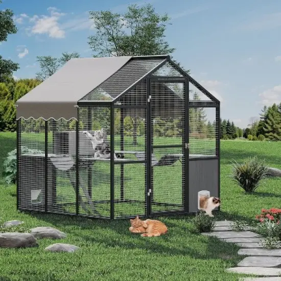Aluminum Extra Large Outdoor Cat Enclosure for Multiple Cats, Large Cat Run, Cats Run Enclosure Walk in Kitten Condo with Channels, UV Proof Cover image {9}
