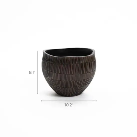 LuxenHome Brown with Black V-Pattern Polyresin 10-Inch Round Planter image {5}