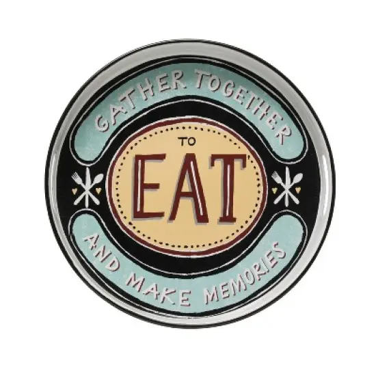 Storied Home 15" Round "Gather Together to Each and Make Memories" Enameled Metal Tray with Cut-out Handles image {4}