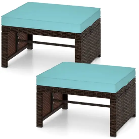 Costway 2 PCS Patio PE Rattan Ottomans with Soft Zippered Cushions for Deck Outdoor White/Navy/Red/Turquoise image {11}