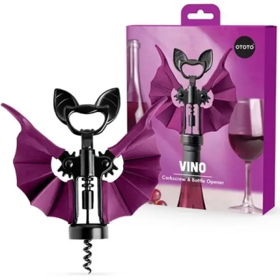 Ototo Vino Bat Corkscrew and Bottle Opener Stainless Steel and Silicone Bar Tool Black/Purple image {1}