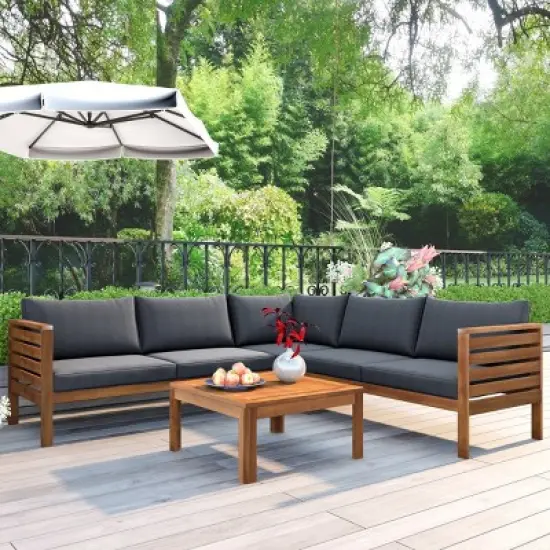 Outdoor L-Shaped Sectional Sofa, Acacia Wood Patio Couch Set with Cushions and Coffee Table, Corner Garden Sofa &ndash; Cuddlewood image {8}